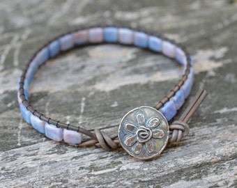 Czech Glass "Cotton Candy" Beaded Leather Wrap Bracelet - Flower Button - Tile Beads