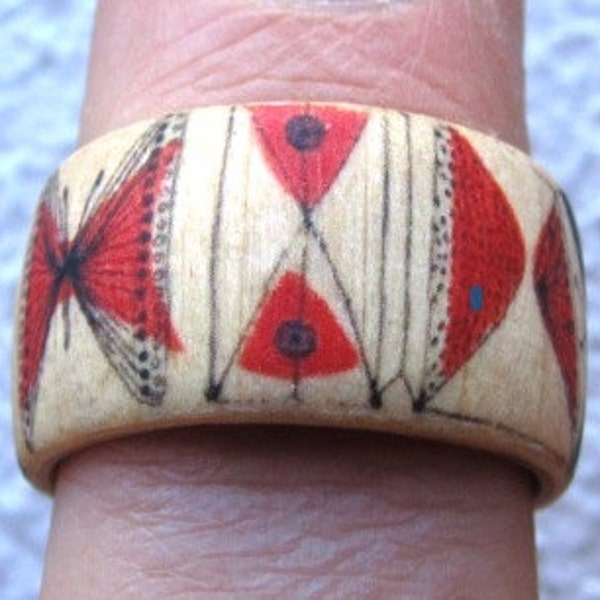 Butterflies (Lucienne Day Textile Design) - adjustable wood ring