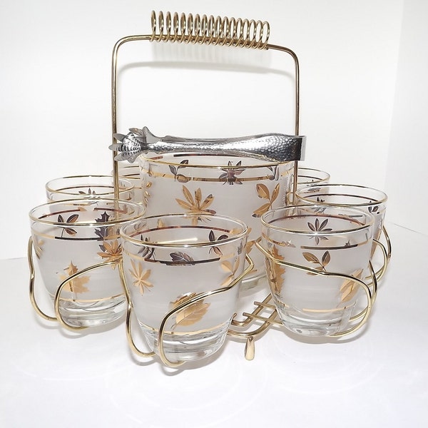 1960s Libbey Golden Foliage 8-piece On-the-Rocks Set with Ice Bucket and Caddy