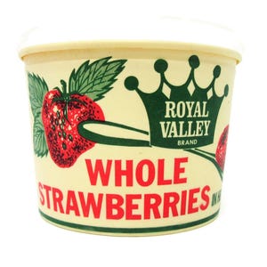 Vintage Unused Royal Valley Whole Strawberries Dixie Cup Container Featuring a Spoon Holding a Large Strawberry Farmhouse Home Kitchen Decor