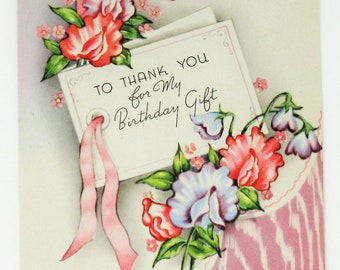 Vintage Unused Thank You Card To Thank You For My Birthday Gift Featuring Beautiful Flowers, Pink Ribbon Sincere Card for Friend or Family