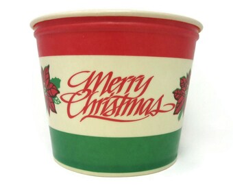 Vintage Unused Merry Christmas Bucket with Poinsettia Flowers Festive Red and Green Color Holiday Decorations Xmas Craft Supplies Lily Tulip