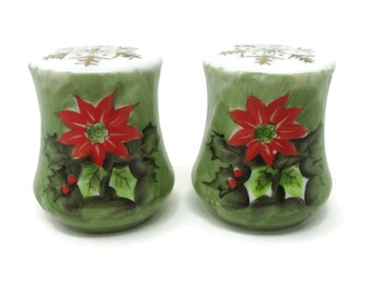 Vintage Lefton Christmas Salt and Pepper Shakers Featuring Poinsettia Plants and Snowflakes with Gold Accents Holiday Decorations Gift Idea