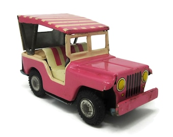 Vintage Tin Litho Pink Toy Friction Jeep Surrey with Striped Canopy, Rubber Wheels, Collectible Home or Nursery Decor Retro Nostalgic Toys