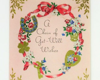 Vintage Unused A Chain of Get Well Wishes Greeting Card, Good Luck Charms, Four Leaf Clover, Lucky Horseshoe Feel Better Soon Norcross Card