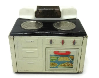 Vintage MFZ Tin Litho Metal Toy Stove With Red Oven Door