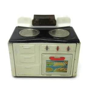 Vintage MFZ Tin Litho Metal Toy Stove with Red Oven Door Handles and Turn Knobs and Double Burner Dinner Graphics Home Decor Made in Germany