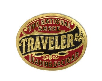 Vintage Traveler Brand Cigar Box Label Featuring Embossed Shiny Lettering Gold Border, Use in Junk Journals, Decoupage Scrapbook, Tobacciana