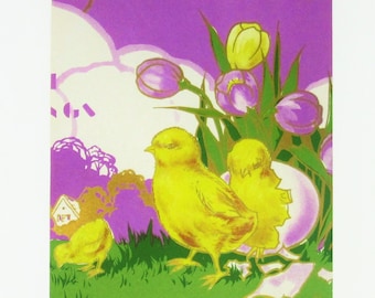 Vintage Unused Happy Easter Decorative Paper Sheet or Wrapper Featuring Yellow Newborn Chicks Grass and Tulips Beautiful Purple Gold Accents