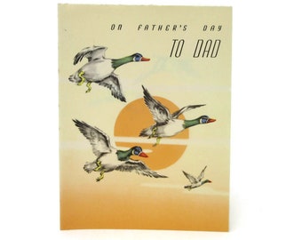 Vintage Unused Fathers Day Greeting Card Wishing Happy Days to One Swell Dad with Several Flying Mallard Ducks and a Setting Sun, for Father