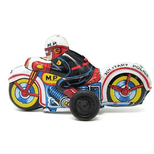 Vintage Metal Tin Litho Toy Military Police Motorcycle Friction Vehicle Bright Colors Strong Graphics of Policeman Push Toys Made in Japan