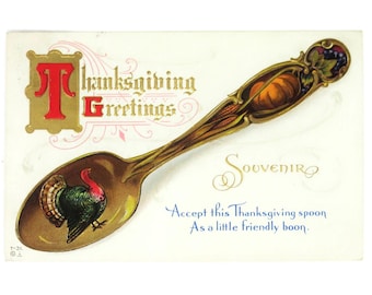 Antique Embossed Happy Thanksgiving Day Greetings Postcard Featuring a Gold Souvenir Spoon with a Turkey, Corn Pumpkin Vintage Fall Ephemera