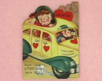 Vintage Unused Valentines Day Card Featuring a Girl Taking and Riding in a City Taxi Cab Valentine Hope I Have a Fare Chance With You Retro