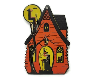 Vintage Classic Halloween Spooky Haunted House Embossed Paper Decoration with a Witch, Black Cat, and an Owl Yellow Moon Retro Luhrs Beistle