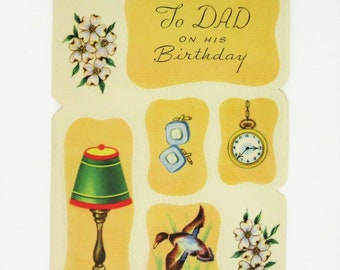 Vintage Unused Embossed Happy Birthday Greeting Card To Dad on His Birthday Features Cuff Links, Pocket Watch, Hunting Dog, Ducks, & Flowers