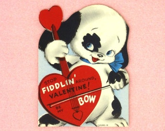Vintage Unused Valentines Day Card Featuring a Black and White Puppy Dog Playing a Fiddle and Looking for a Valentine Love School Funny Puns