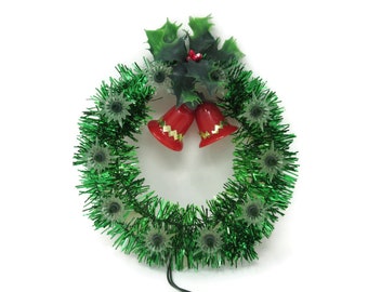 Vintage Lighted Plastic Christmas Tree Topper with Festive Green Lights and Tinsel Red Bells Retro Holiday Home Decoration Working Condition