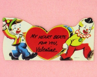 Vintage Unused Valentines Day Greeting Card Featuring Circus Clowns with a Big Red Heart-Shaped Drum Retro Kids Funny Valentine Made in USA