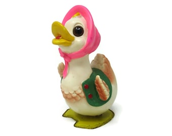 Vintage Sonsco Waddling Duck Mechanical Wind Up Toy Wearing a Pink Bonnet With Bright Colors Push Pull Toys Made in Japan Working Condition