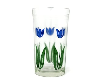 Vintage Swanky Swig Glass with Floating Blue Spring Tulips Flower Design Hazel Atlas Juice Cocktail Drinking Tumbler Barware Kitchen Decor