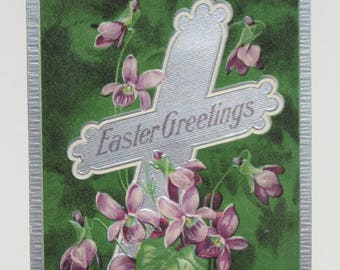 Antique Easter Greetings Postcard Featuring a Silver Cross Surrounded by Lovely Embossed Purple Flowers Great Spring Vintage Home Decor