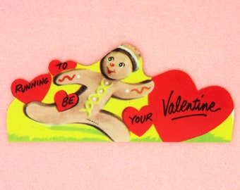 Vintage Unused Valentines Day Greeting Card Featuring a Gingerbread Cookie Man Running to Be Your Valentine Funny Retro Kids School Cards