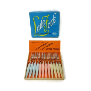 Vintage Little Fork Box of Miami Beach Cocktail Forks Stainless Steel Dozen Retro Hors D&#39;oeuvre Barware Summer Party Entertaining Home Decor