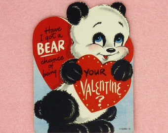 Vintage Unused Valentines Day Card Featuring a Cute Panda Bear with Blue Eyes Holding a Red Heart Hoping for a Chance to be Your Valentine