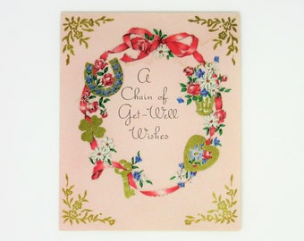 Vintage Unused A Chain of Get Well Wishes Greeting Card, Good Luck Charms, Four Leaf Clover, Lucky Horseshoe Feel Better Soon Norcross Card