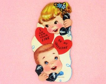 Vintage Unused Valentines Day Card Featuring a Telephone Call Between Blue-Eyed Boy and a Brown-Eyed Girl Be My Valentine Made in the USA