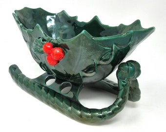 Vintage Decorative Lefton Christmas Sleigh Candy Dish with Green Holly and Red Berries Holiday Table Top Centerpiece Home Decoration Japan
