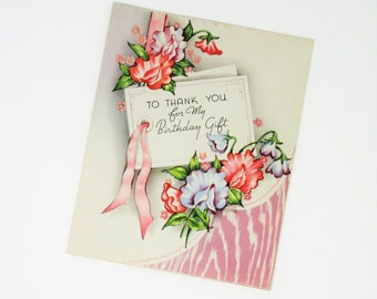 Vintage Unused Thank You Card To Thank You For My Birthday Gift Featuring Beautiful Flowers, Pink Ribbon Sincere Card for Friend or Family