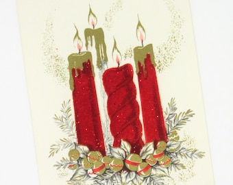 Vintage Unused Christmas Card Featuring Red Flocked Candles With Glitter Accents Surrounded by a Advent Wreath of Holiday Bells Made in USA