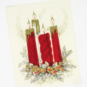 Vintage Unused Christmas Card Featuring Red Flocked Candles With Glitter Accents Surrounded by a Advent Wreath of Holiday Bells Made in USA image 1