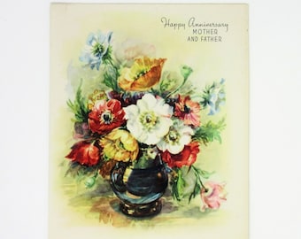 Vintage Unused Happy Anniversary Greeting Card to Mother and Father Featuring a Vase with Beautiful Embossed Flowers Wedding Congratulations