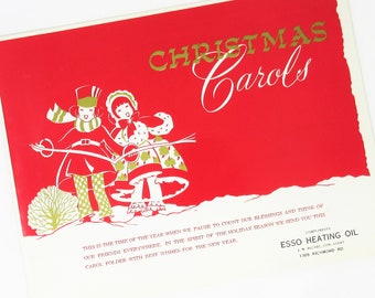 Vintage Unused Christmas Carols Booklet Featuring a Couple Caroling, Jingle Bells, Silent Night, Esso Heating Oil Company, Original Envelope