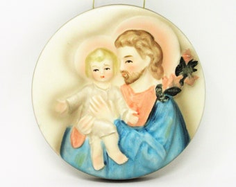 Vintage Napco Christmas Hanging Wall Plaque Featuring Joseph Holding Baby Jesus in His Arms 3D Relief Religious Holiday Home Decor Gift Idea