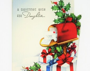 Vintage Unused Christmas Card for a Daughter Featuring Presents Around a Festive Red Mailbox, Holiday Greetings, Holly Berries, Made in USA