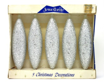 Vintage Plastic Jewelbrite Silver Glitter Christmas Tree Ornaments Set of 5 Sparkling Holiday Decorations in Original Box Kitschmas