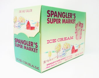 Vintage Unused Spangler's Super Market Ice Cream Box Featuring Retro Winter Snow Farmhouse and Farm Scene, Home or Kitchen Decor Advertising