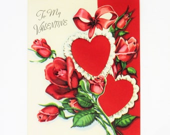 Vintage Unused Valentines Day Greeting Card Featuring Beautiful Embossed Hearts, Red Roses, and Ribbon Bow To My Valentine Heartfelt Message