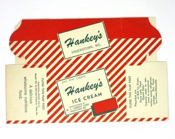 Vintage Unused Hankey's Ice Cream One Pint Box with Bold Red and White Stripes, Green Lettering, Retro Home or Kitchen Decor Farmhouse Style