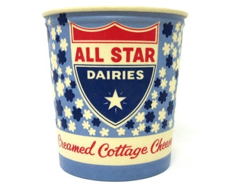 Vintage Unused All Star Dairies Creamed Cottage Cheese Wax Paper Container Featuring Floral Design and Red White and Blue Colors Home Decor