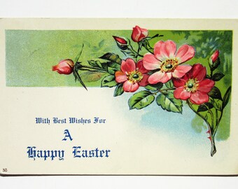 Antique Easter Postcard With Best Wishes for a Happy Easter Featuring Beautiful Embossed Spring Roses Flowers Makes Great Vintage Home Decor