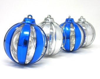 Vintage Plastic Jewelbrite Round Christmas Tree Ornaments Set of 4 Blue and Silver Shiny Holiday Decorations in Original Box Xmas Kitschmas