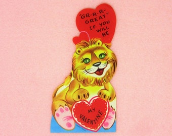 Vintage Unused Valentines Day Greeting Card Featuring a Cute Green-Eyed Lion Holding a Red Heart Retro Kids School Valentine Made in USA