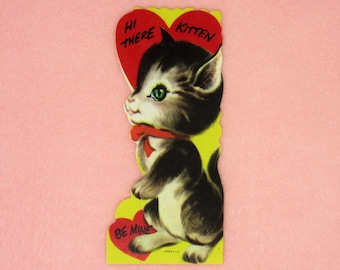 Vintage Unused Valentines Day Card Featuring a Retro Kitty with Green Eyes Hi There Kitten Be Mine Perfect for Your Valentine or Sweetheart