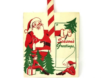 Vintage Unused Merry Christmas Paper Gift Bag Season's Greetings with Santa Claus, Elves, Reindeer and Trees Festive Holiday Home Decoration