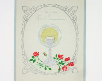 Vintage Unused First Communion Greeting Card Featuring an Embossed Silver Cup, Red Roses, and Gold Glitter Accents, For Holy Religious Event