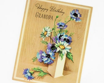 Vintage Unused Birthday Greeting Card Happy Birthday Grandpa Featuring Embossed Flowers Celebration for Grandfather Celebrating Grandparent